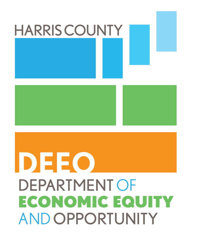 Logo for Harris County Department of Economic Equity and Opportunity (DEEO), featuring stacked rectangular blocks in blue, green, and orange. The top text reads 'Harris County,' with 'DEEO' in bold orange letters below, followed by 'Department of Economic Equity and Opportunity' in mixed colors: 'of' and 'and' in blue, 'Economic Equity' in green, and 'Opportunity' in gray.