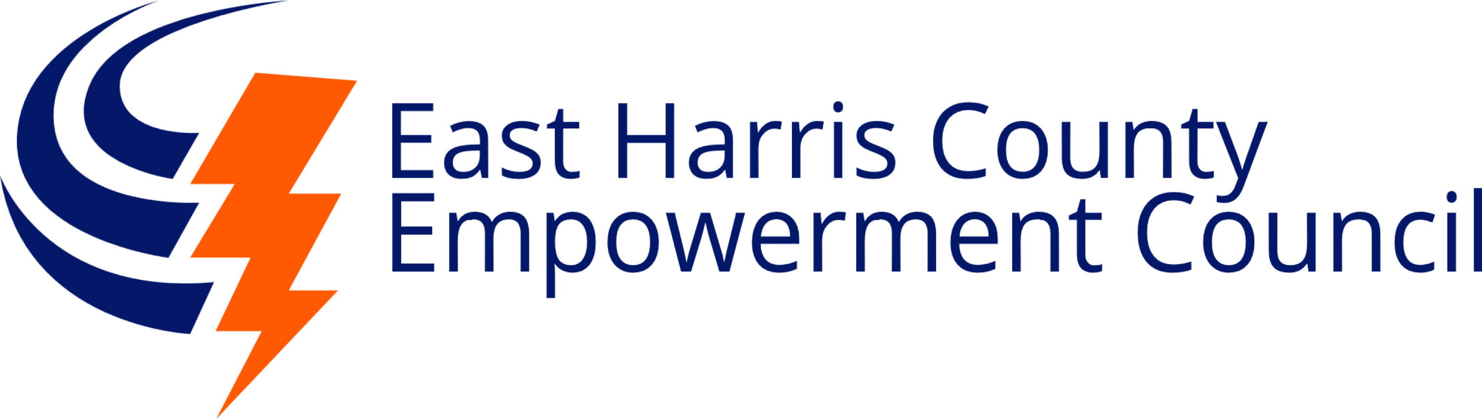 Logo for East Harris County Empowerment Council featuring blue crescent-shaped lines forming a circular pattern on the left, intersected by an orange lightning bolt. The organization’s name, 'East Harris County Empowerment Council,' is displayed in bold blue text to the right of the symbol.