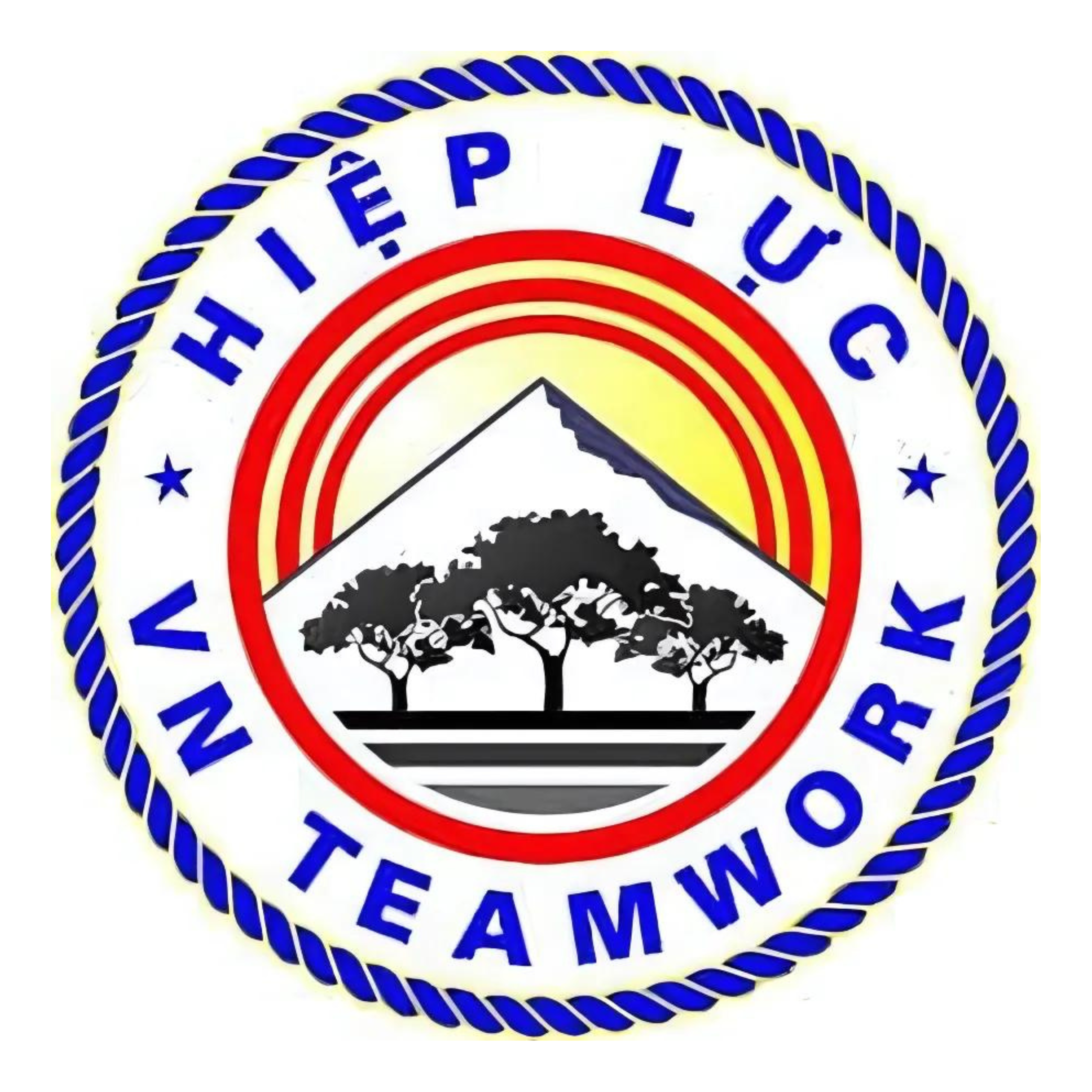 VN Teamwork logo in a circular design with a blue rope border. Inside, the words 'HIỆP LỰC' curve along the top and 'VN TEAMWORK' along the bottom. The center features a mountain with three trees in black, set against a yellow and red striped background representing a sunrise.