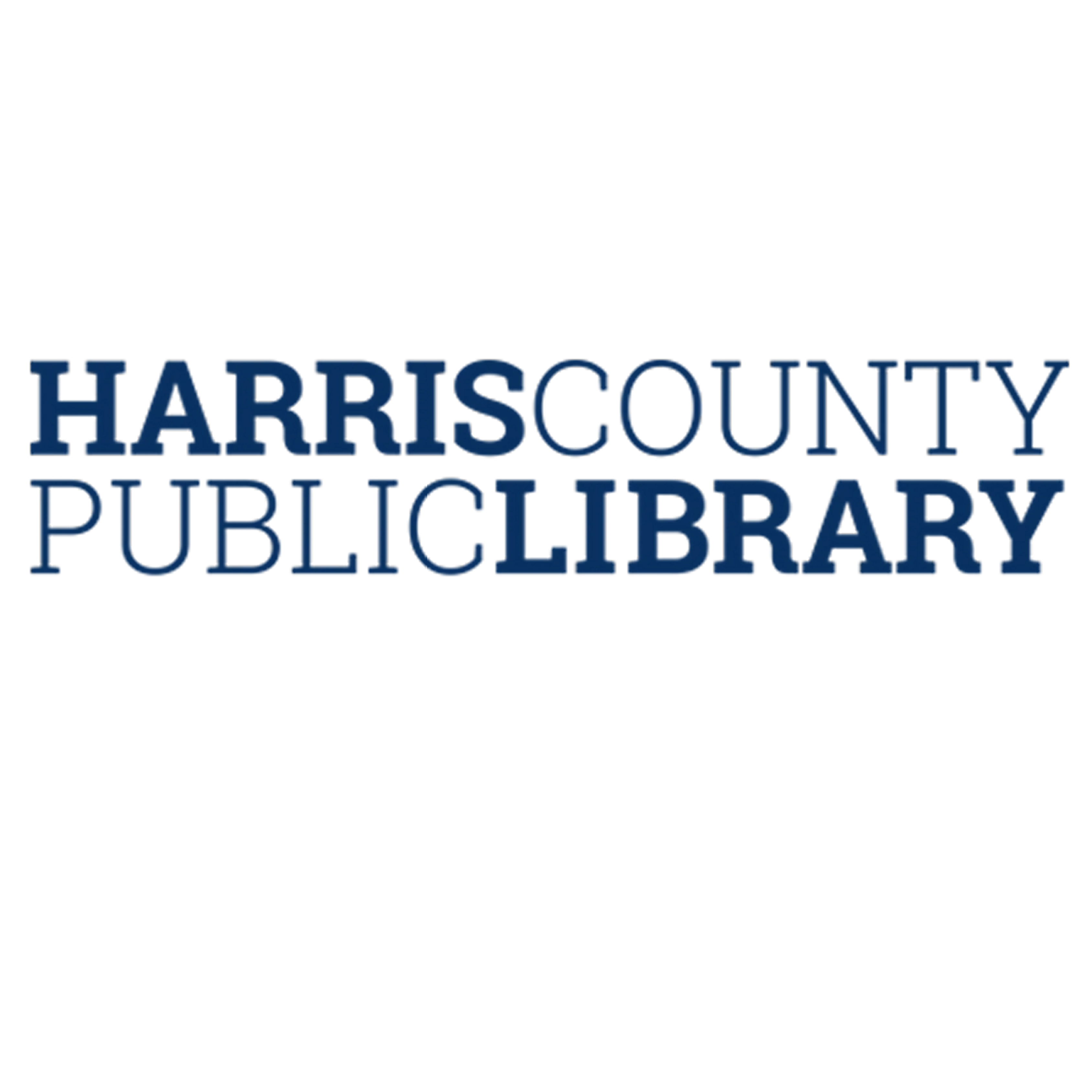 Logo for Harris County Public Library with the words 'Harris County' in bold navy blue text above 'Public Library,' also in navy blue but with 'Library' in a thicker font.