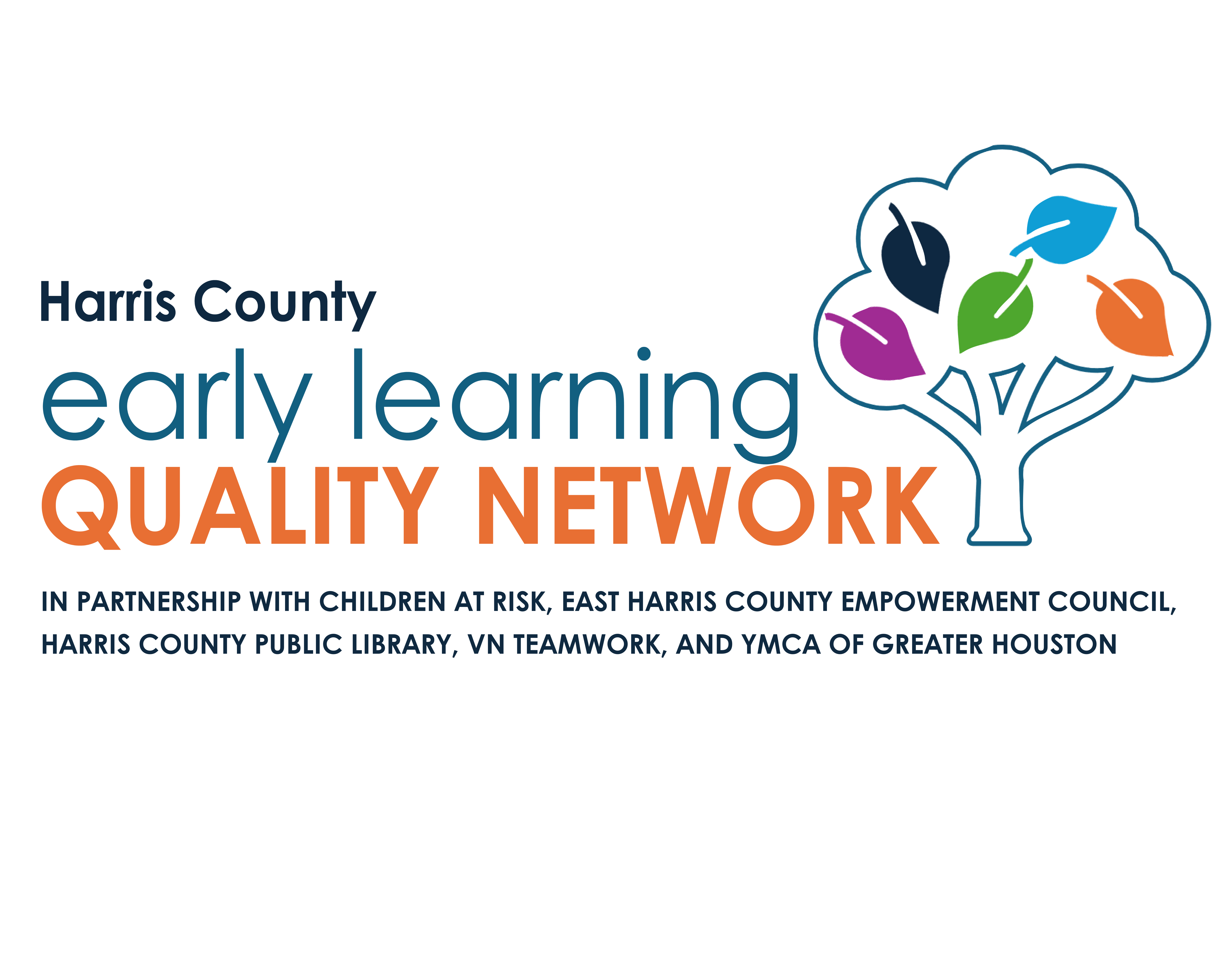 Logo for the Harris County Early Learning Quality Network featuring the text 'early learning QUALITY NETWORK' with 'QUALITY NETWORK' in bold orange letters. To the right is a stylized tree with six colorful leaves in purple, blue, green, and orange. Below, it lists partners: CHILDREN AT RISK, East Harris County Empowerment Council, Harris County Public Library, VN Teamwork, and YMCA of Greater Houston