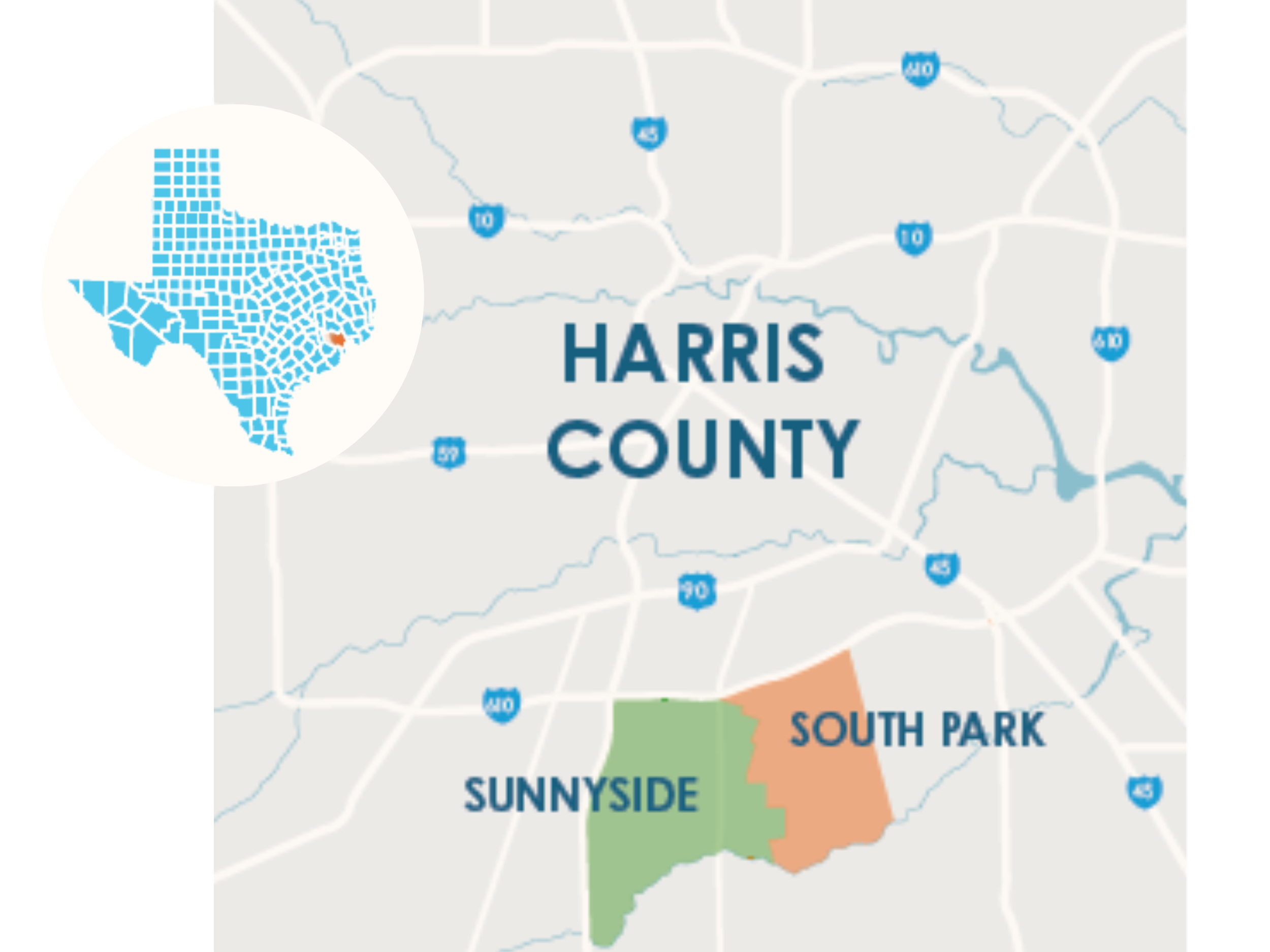 HCPL1_Map A map showcasing the Houston-area neighborhoods described by this community profile - Sunnyside and South Park.
