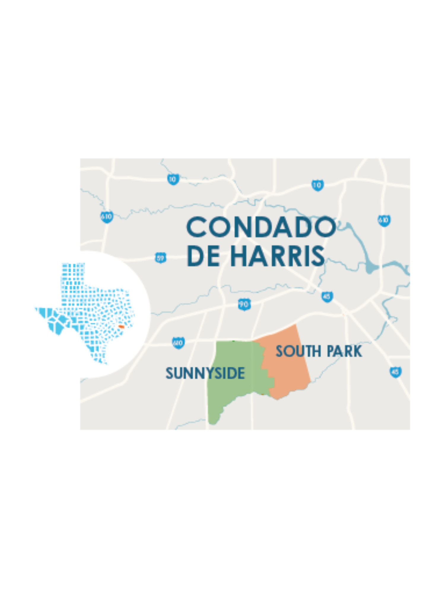 HCPL1_span_map2 Un mapa que muestra los vecindarios del área de Houston descritos en este perfil de comunidad: Sunnyside y South Park.