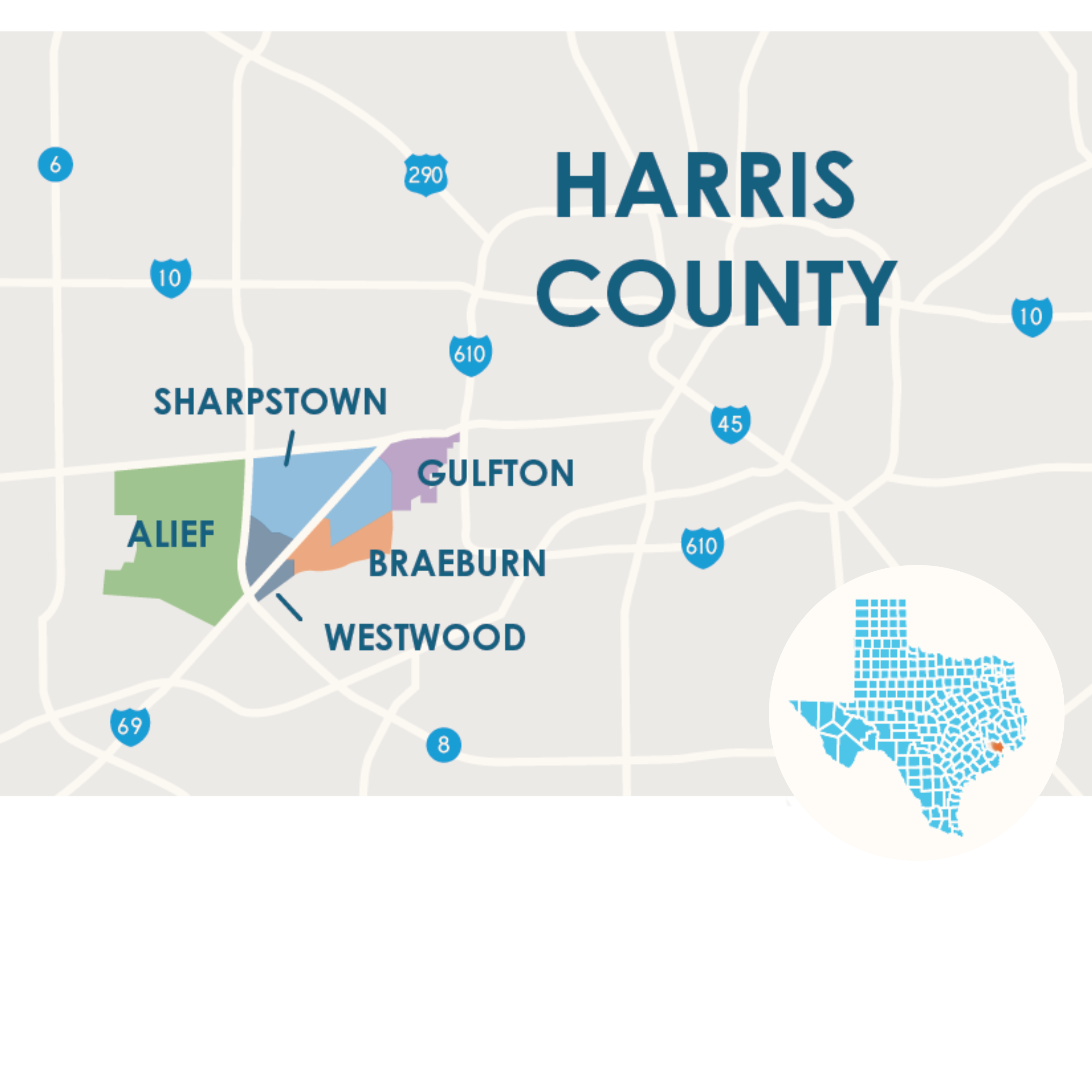 VNTW_MAp A map showcasing the Houston-area neighborhoods described by this community profile - Sunnyside and South Park.